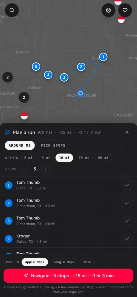 VendHunt Plan a run sheet with a five-stop route, distance, and Navigate button